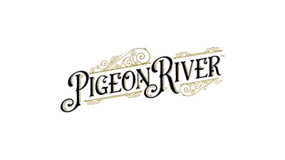 Decorative Pigeon River script logo on white