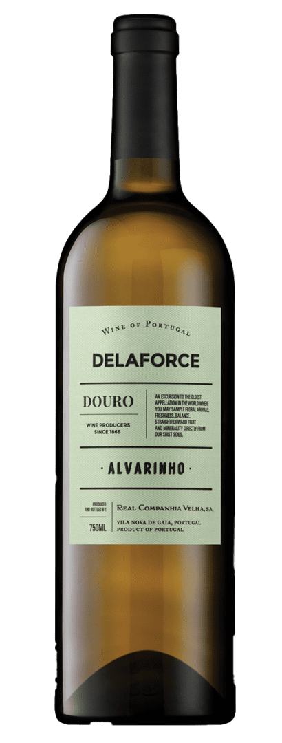 Delaforce Alvarinho wine bottle on black background.