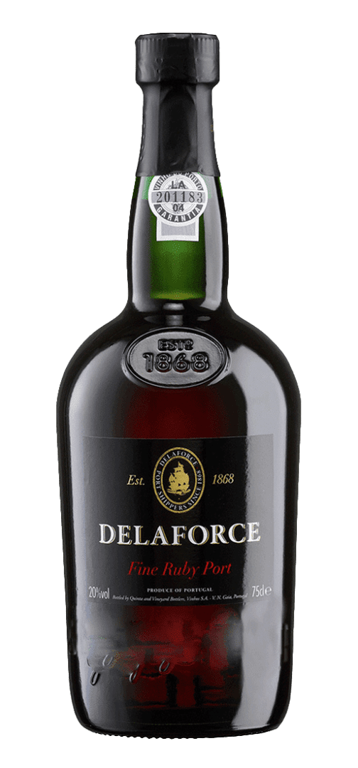Delaforce Fine Ruby Port wine bottle.