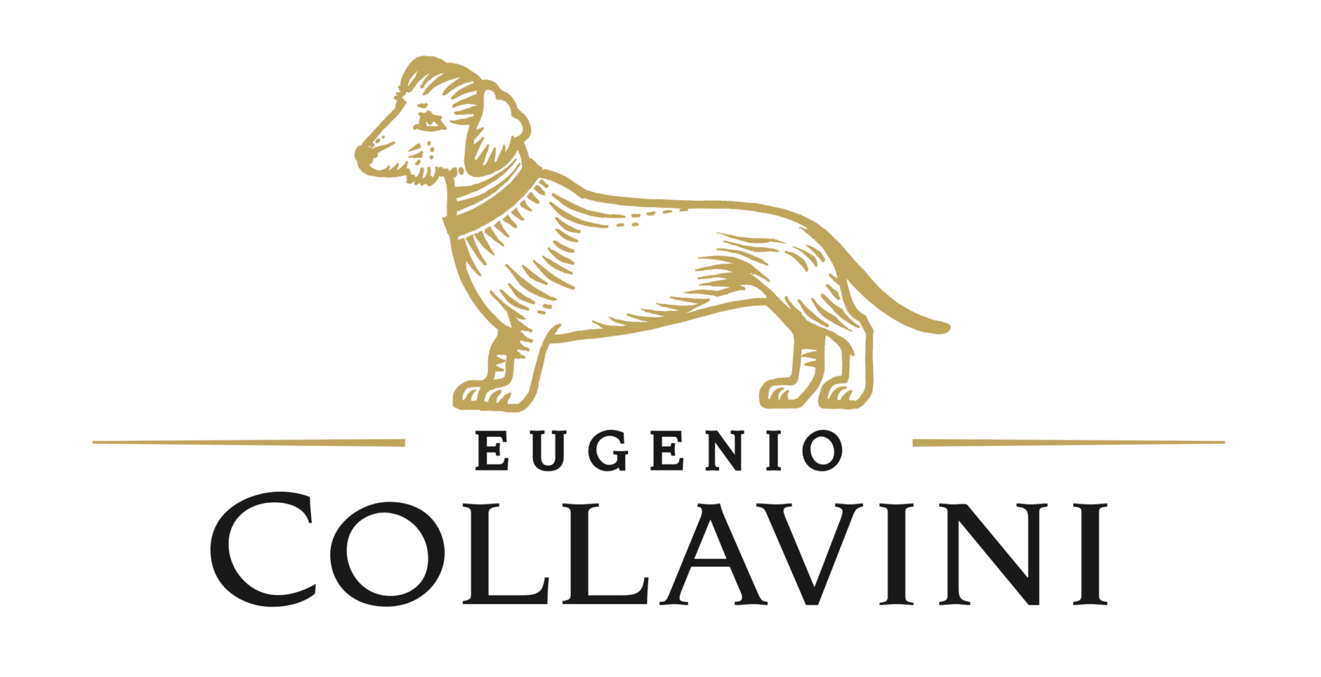 Gold dachshund logo with text below.