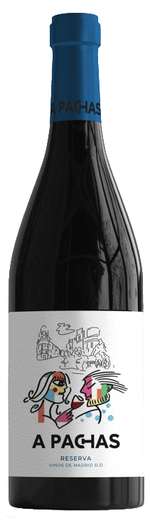 Wine bottle with artistic label design.