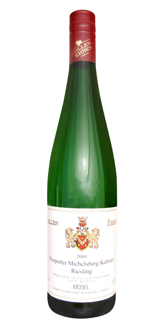 Green Riesling wine bottle against black background.