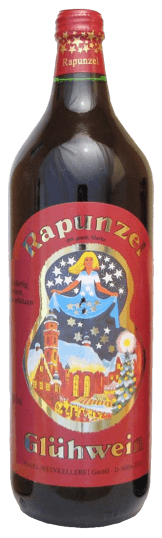 Red bottle with Rapunzel Glühwein label design.