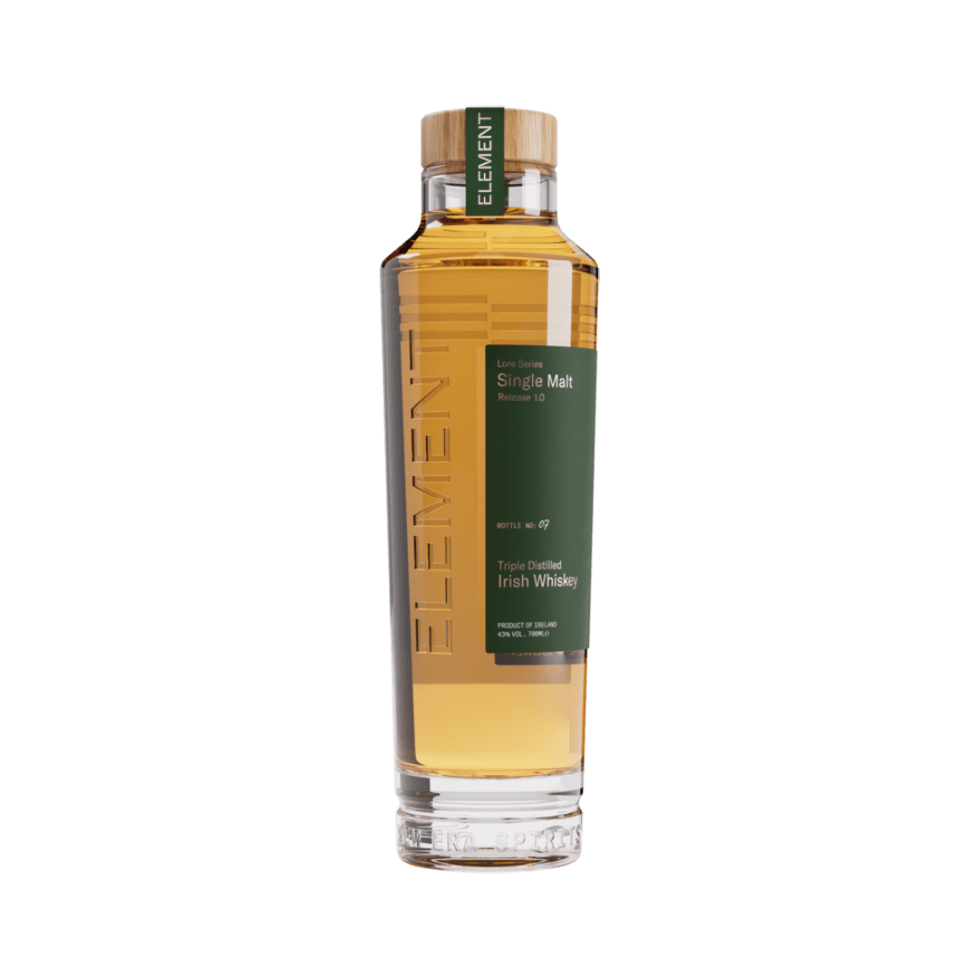 Single malt Irish whiskey bottle on display.