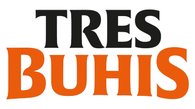 TRES BUHIS logo, black and orange text.