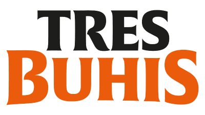 Tres Buhis text logo in black and orange.