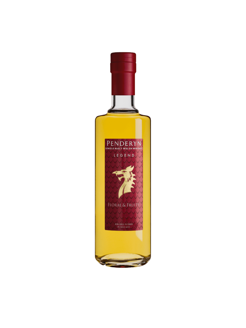 Penderyn Legend whiskey bottle on black background.